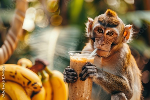 A primate drinks a milkshake with a straw, made from natural Saba banana photo