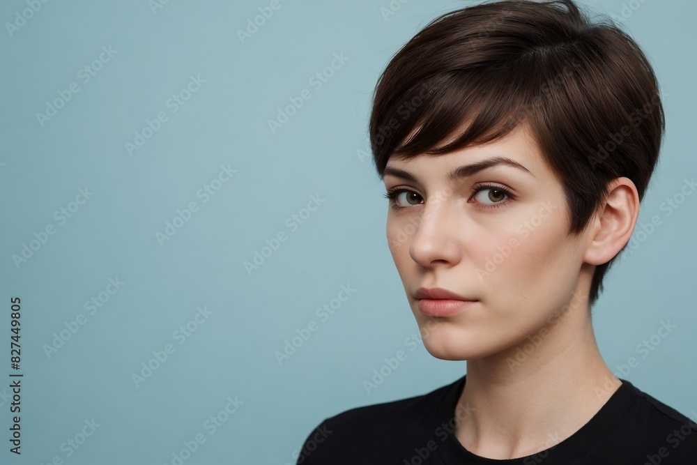 Thoughtful androgyne woman against a blue background with copy space. Thoughtful androgyne woman against a blue background with copy space.