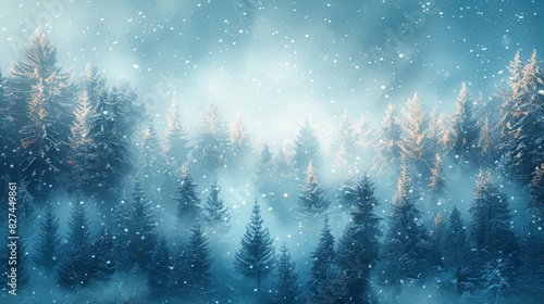 Winter wonderland forest with snow-covered trees and soft snowfall, perfect for holiday backgrounds