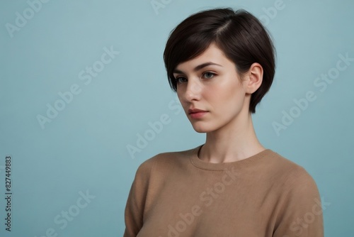 Thoughtful androgyne woman against a blue background with copy space. photo
