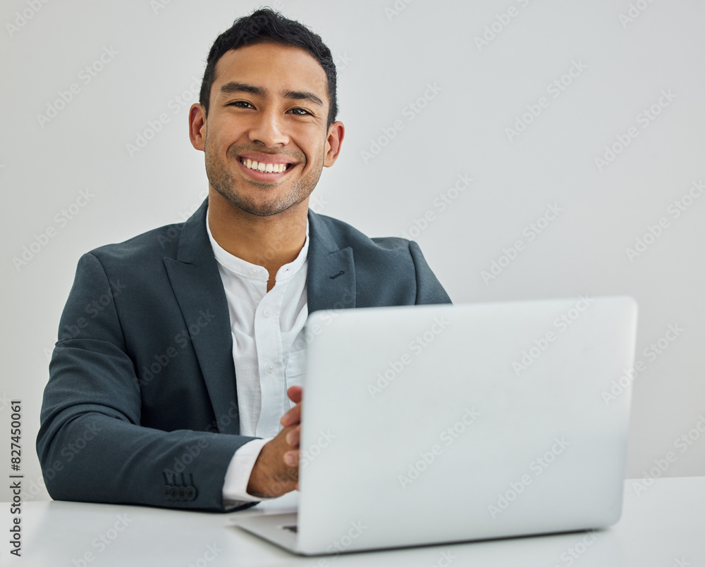 Businessman, portrait and laptop at desk for networking, communication and email in office. Trader, technology and happy with internet for online, reading or research for stock market in workplace Businessman, portrait and laptop at desk for networking, communication and email in office. Trader, technology and happy with internet for online, reading or research for stock market in workplace
