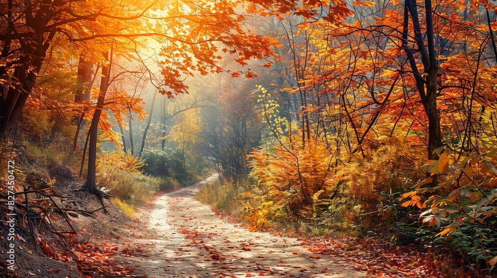 Sunlit autumn forest path with vibrant red and orange foliage, leading into a serene and mysterious woodland. Perfect fall scene for nature lovers.