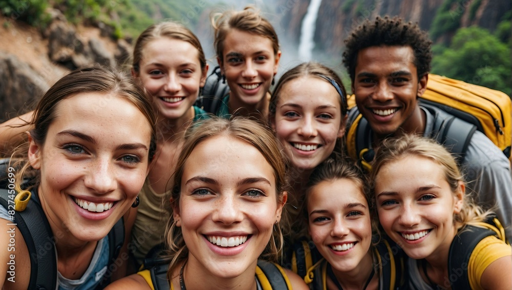 A diverse group of friends with backpacks smiles brightly, capturing a selfie with a stunning waterfall in the background, amidst lush greenery and rocky terrain. A diverse group of friends with backpacks smiles brightly, capturing a selfie with a stunning waterfall in the background, amidst lush greenery and rocky terrain.