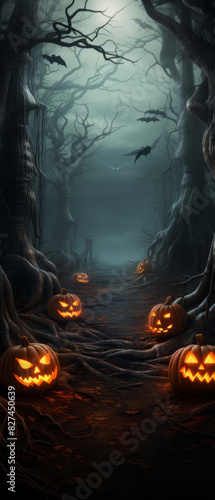 Halloween wallpaper featuring a haunted forest with glowing jackolanterns, dark twisted trees, and eerie mist, gothic horror style