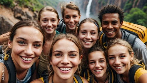 A diverse group of friends with backpacks smiles brightly, capturing a selfie with a stunning waterfall in the background, amidst lush greenery and rocky terrain.