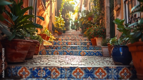 Classic Mediterranean villa patio staircase with decorative tiles and aromatic herbs