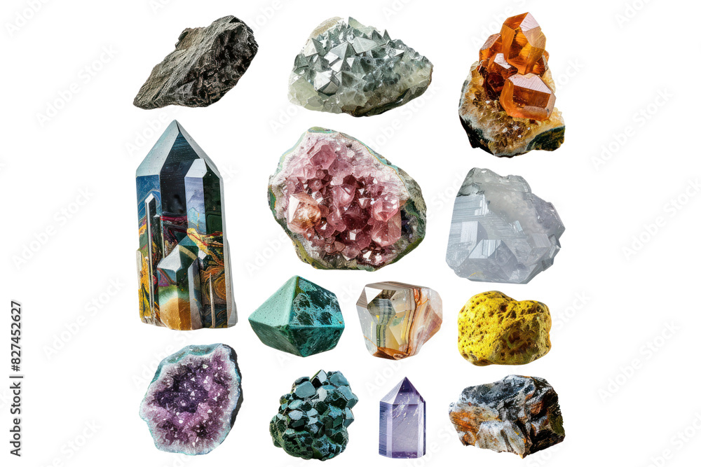 A variety of healing crystals suspended in mid-air, showcasing their ethereal beauty and healing energy, Isolated on white background A variety of healing crystals suspended in mid-air, showcasing their ethereal beauty and healing energy, Isolated on white background