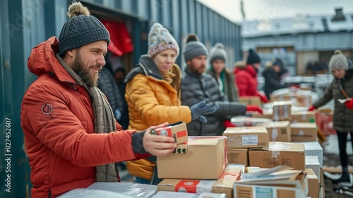 A group of European volunteer people with boxes at a humanitarian center distribute boxes with items. Concept of social assistance to refugees.






 photo