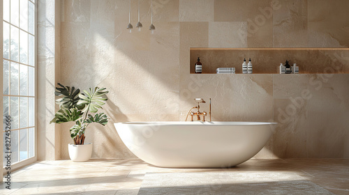 Contemporary bathroom with bathtub and minimalist decor in soft tones.