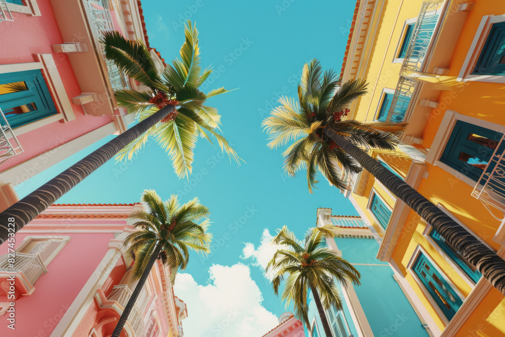 Beautiful colorful houses with palm trees and a view of the blue sky, tropical street
