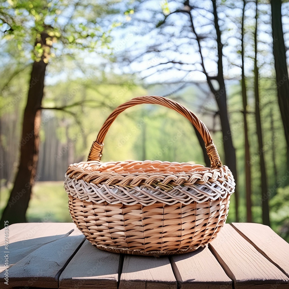 picnic basket on a table.Handmade basket on a rustic wooden table, forest landscape with tall trees, soft spring light, natural and inviting. picnic basket on a table.Handmade basket on a rustic wooden table, forest landscape with tall trees, soft spring light, natural and inviting.
