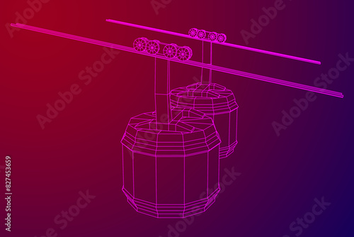 Cable car cabin gondola. Funicular simple cableway concept. Wireframe low poly mesh vector illustration