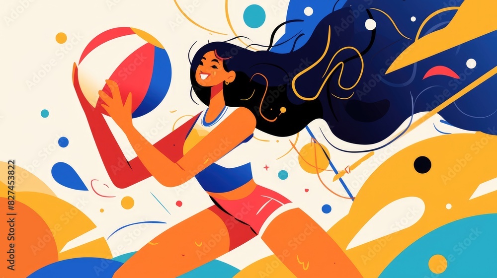 A cheerful woman is portrayed in a vibrant flat 2d illustration engaging in a sports game with a ball set against a clean white background The cartoon character depicts a female player imme