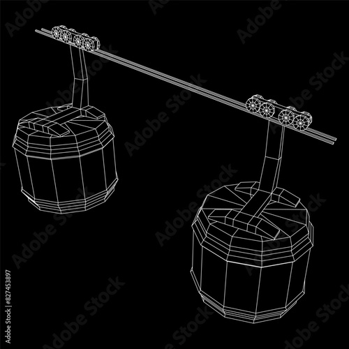 Cable car cabin gondola. Funicular simple cableway concept. Wireframe low poly mesh vector illustration