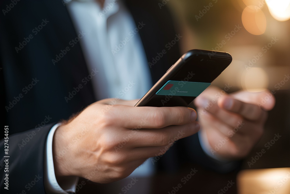 A man in a suit holds a mobile phone in his hand. Businessman with a smartphone in his hands, close-up. A man in a suit holds a mobile phone in his hand. Businessman with a smartphone in his hands, close-up.