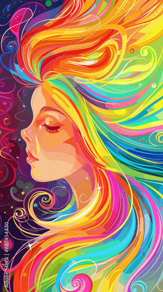 Joyful Woman with Vibrant Rainbow Hair, Radiating Positive Energy and Enjoying Freedom