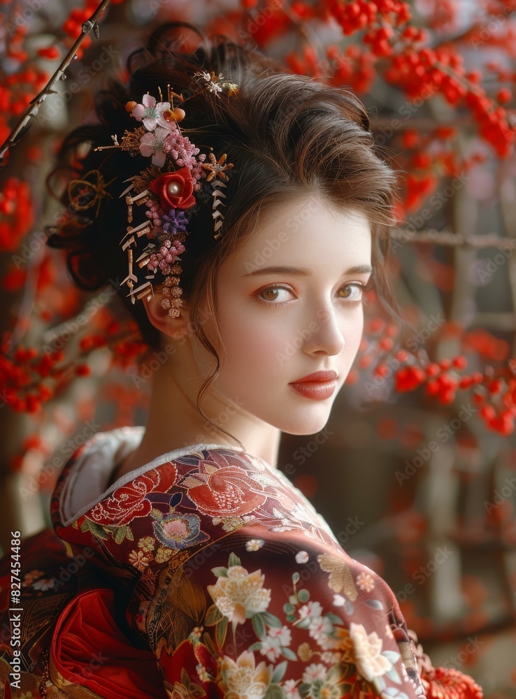 Beautiful Woman Wearing Traditional Japanese Kimono with Flower Hair Ornament
