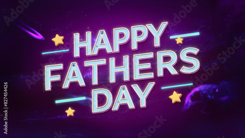 HAPPY FATHERS DAY 3D white text on purple background, neon style