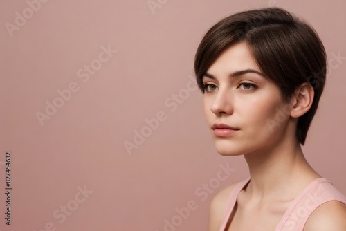 Thoughtful androgyne woman against a pink background with copy space. photo