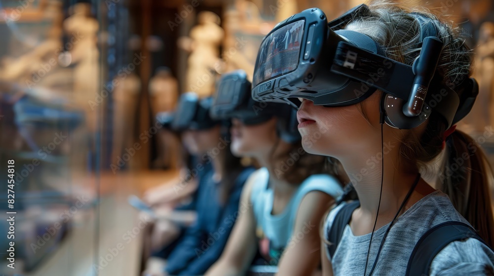 Students participating in a virtual reality simulation to explore ancient civilizations as part of a history lesson, Close up Students participating in a virtual reality simulation to explore ancient civilizations as part of a history lesson, Close up