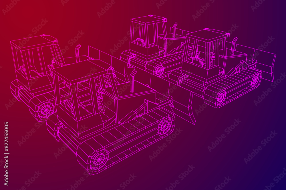 Big front-end loader bulldozer. Heavy equipment machine and manufacturing equipment for mining. Wireframe low poly mesh vector illustration.