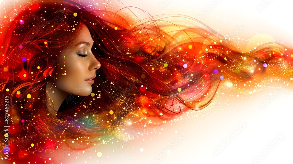 A stunning digital artwork of a woman with flowing red hair and colorful lights. Perfect for creative projects and modern design inspiration. A stunning digital artwork of a woman with flowing red hair and colorful lights. Perfect for creative projects and modern design inspiration.
