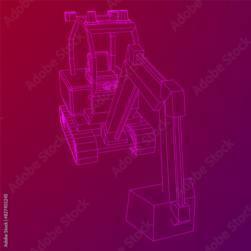 Heavy equipment excavator machine manufacturing power equipment for open pit mining. Wireframe low poly mesh vector illustration