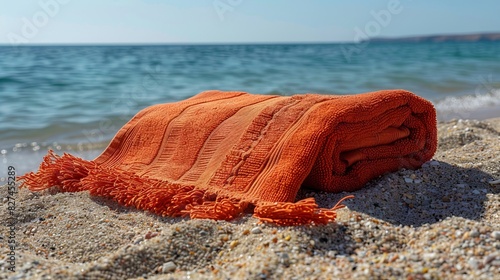 A beach towel is laid out on the sand.