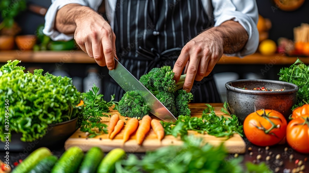 Chef chopping fresh vegetables in kitchen, preparing a healthy meal amidst vibrant ingredients, showcasing culinary skills and healthy eating. Chef chopping fresh vegetables in kitchen, preparing a healthy meal amidst vibrant ingredients, showcasing culinary skills and healthy eating.
