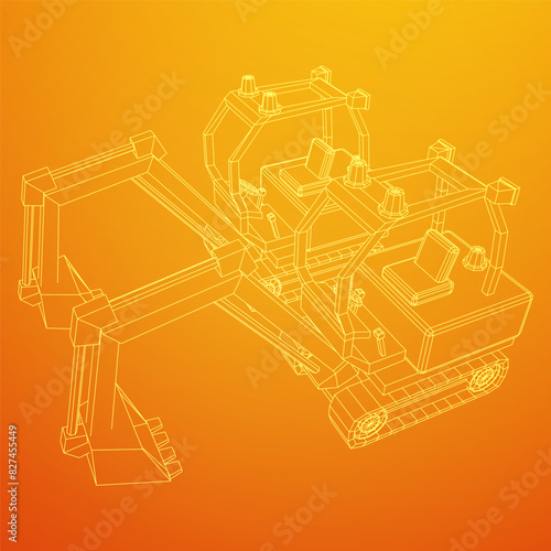 Heavy equipment excavator machine manufacturing power equipment for open pit mining. Wireframe low poly mesh vector illustration