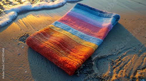 A beach towel is laid out on the sand.