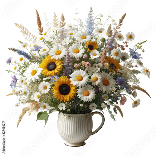 ai-generated item, rare, odd, high, 152 8. a bouquet of freshly picked wildflowers, featuring daisies, sunflowers, and daffod photo