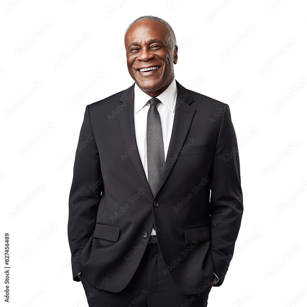 Front view mid shot of a 60-year-old handsome Black man dressed in a classic black blazer over a white dress shirt and charcoal gray dress pants, smiling on a white transparent background Front view mid shot of a 60-year-old handsome Black man dressed in a classic black blazer over a white dress shirt and charcoal gray dress pants, smiling on a white transparent background