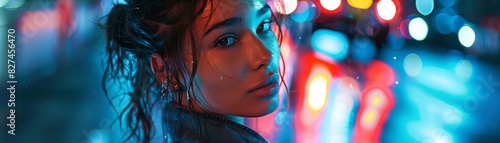 Intense Gaze of a Youthful Beauty Amidst Neon City Lights at Night