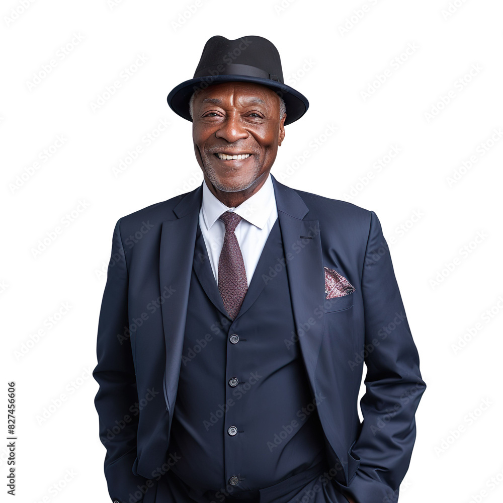 Front view mid shot of a 60-year-old handsome Black man dressed in a classic navy blazer over a white dress shirt and gray dress pants, smiling on a white transparent background Front view mid shot of a 60-year-old handsome Black man dressed in a classic navy blazer over a white dress shirt and gray dress pants, smiling on a white transparent background