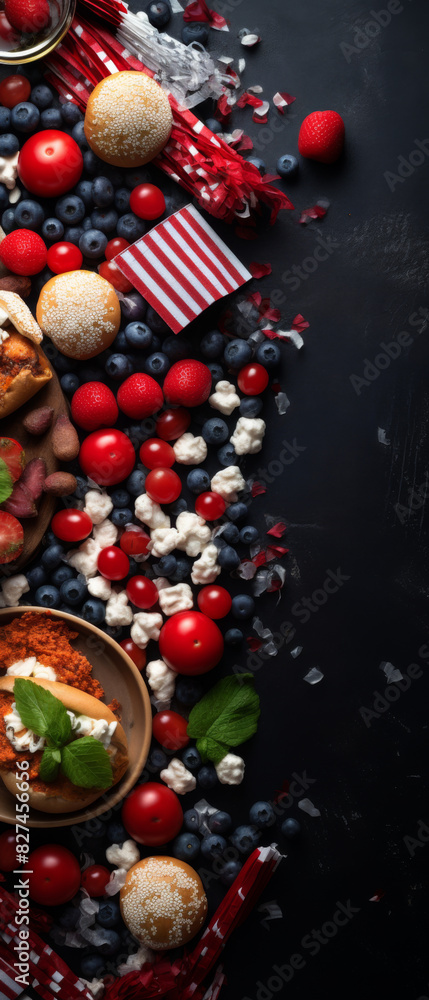 4th of July wallpaper showcasing a picnic scene with red, white, and blue decorations, American flag bunting, and festive foods, cheerful and celebratory vibe
