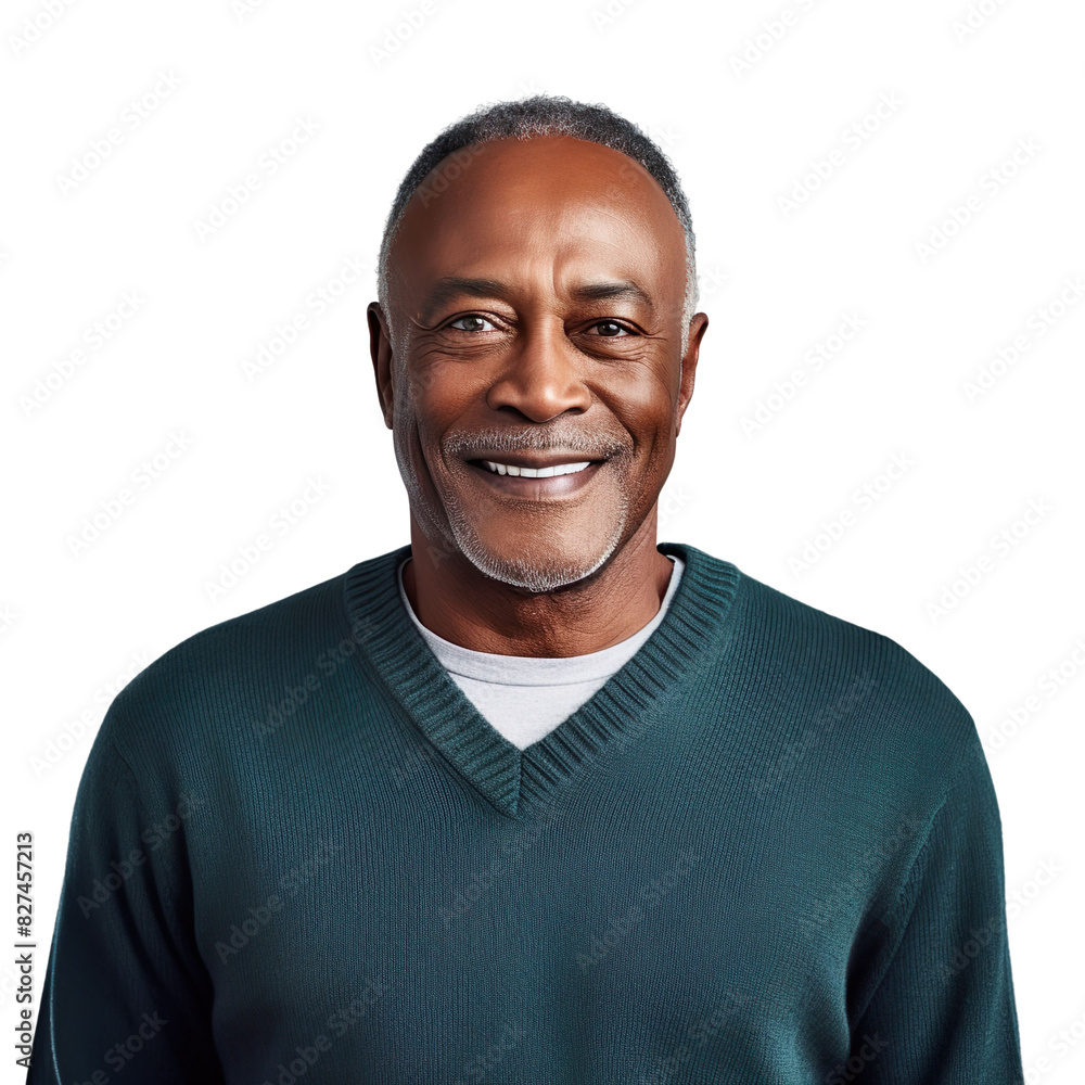 Front view mid shot of a 60-year-old handsome Black man dressed in a light teal V-neck sweater and navy blue slacks, smiling on a white transparent background Front view mid shot of a 60-year-old handsome Black man dressed in a light teal V-neck sweater and navy blue slacks, smiling on a white transparent background