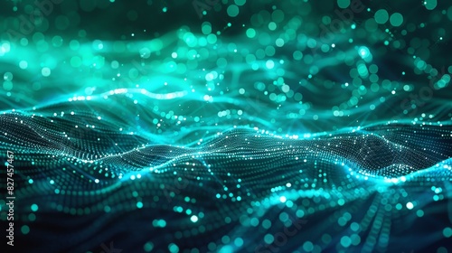 Abstract Blue-Green Tech Background with Cyber Network Grid and Connected Particles