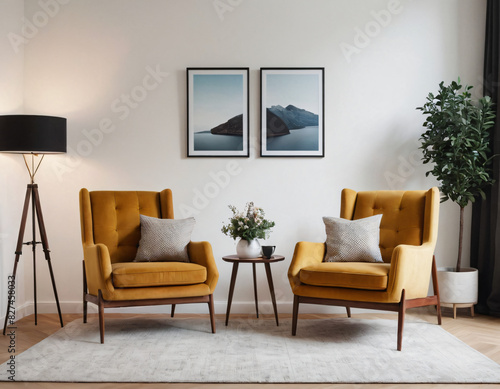 Two armchairs in room with white wall and big frame poster on it. Scandinavian style interior design of modern living room. © Illustration