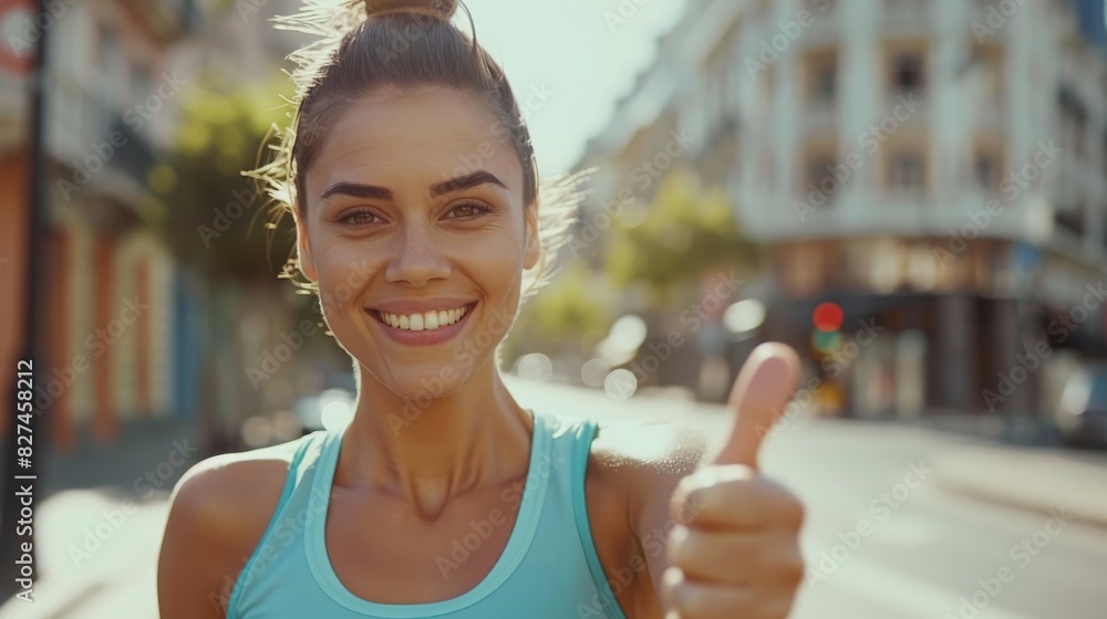Athletic, Healthy Woman Smiles and Gives Thumbs Up While Jogging Outdoors Athletic, Healthy Woman Smiles and Gives Thumbs Up While Jogging Outdoors