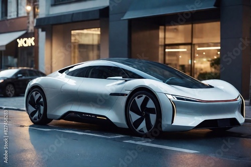 A futuristic EV car parked on the street with copy space, side view © PNG&Background Image