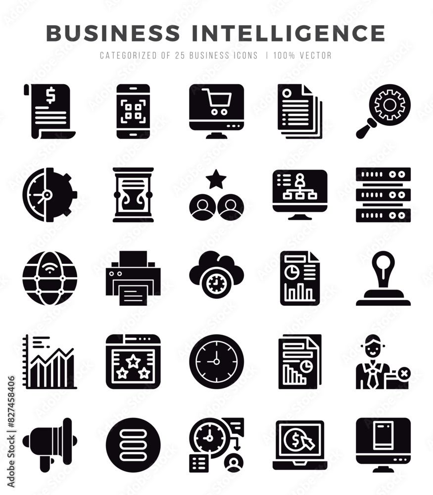 Business Intelligence. Glyph icons Pack. vector illustration. Business Intelligence. Glyph icons Pack. vector illustration.
