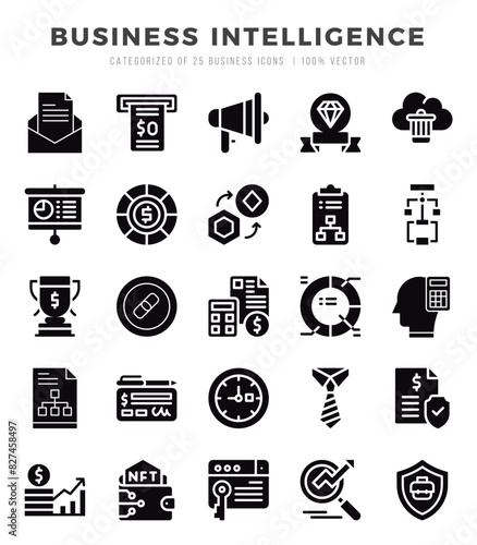 Set of Business Intelligence icons in Glyph style. Glyph Icons symbol collection.
