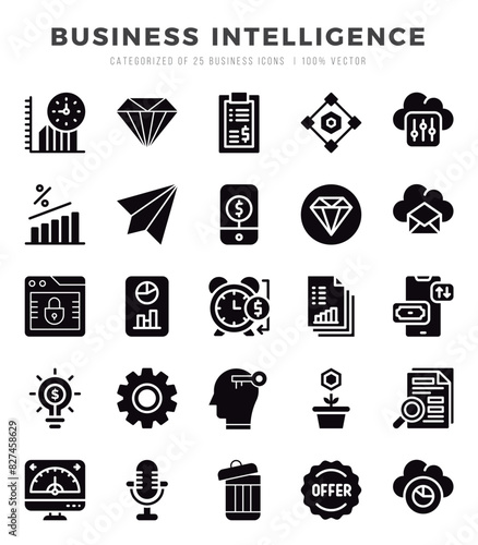 Set of simple Glyph Business Intelligence Icons. Glyph art icons pack.