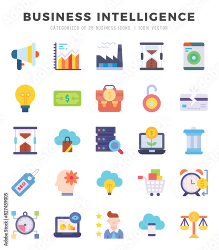 Set of Business Intelligence Icons. Simple Flat art style icons pack. Vector illustration.