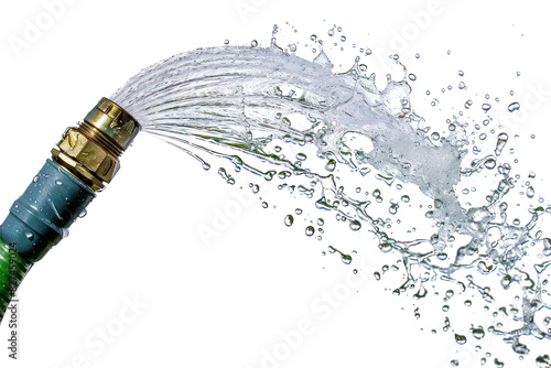 A refreshing splash of water from a garden hose, capturing the droplets as they dance and sparkle in the air, isolated on white background