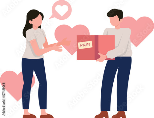 Boy giving donation box to girl.