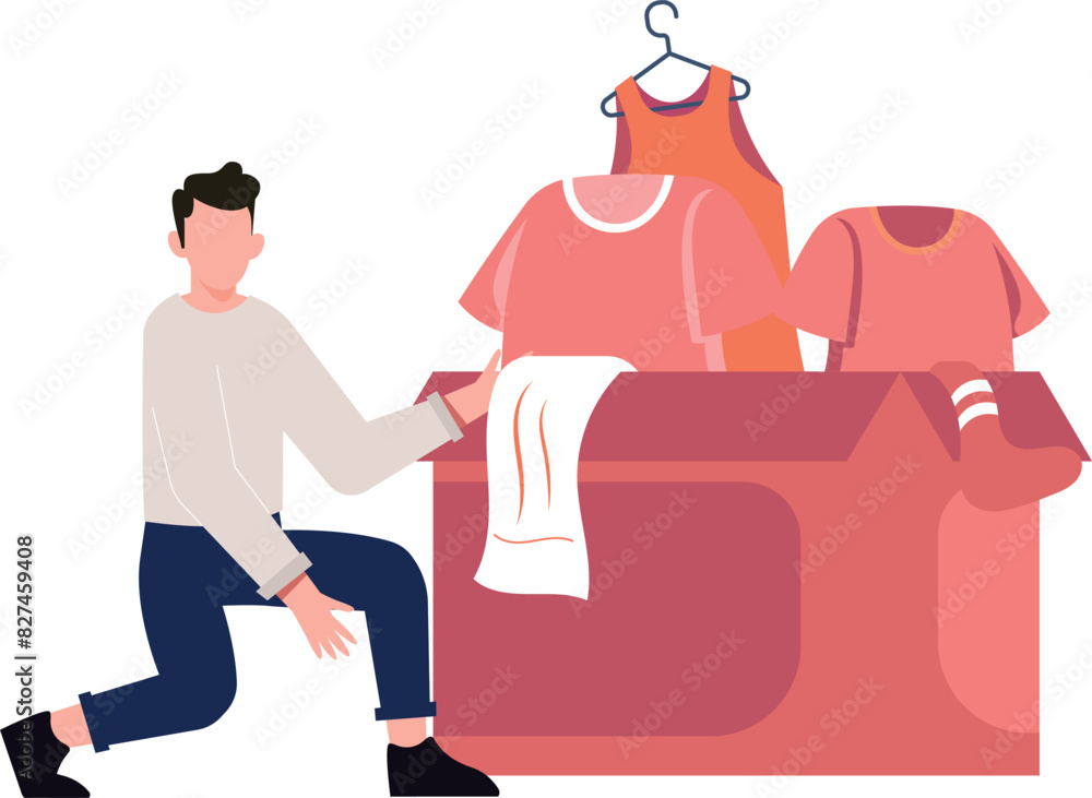 The boy is collecting clothes to donate. The boy is collecting clothes to donate.