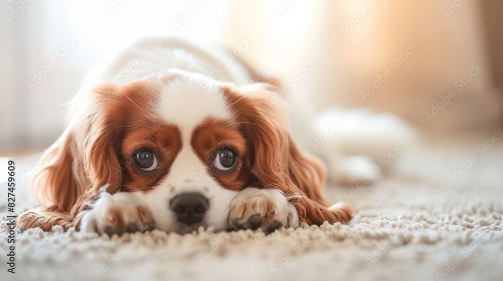 An adorable Cavalier King Charles Spaniel puppy lying on a carpet, resting its head on its paws with a soulful