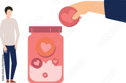 The boy is collecting the donation money.